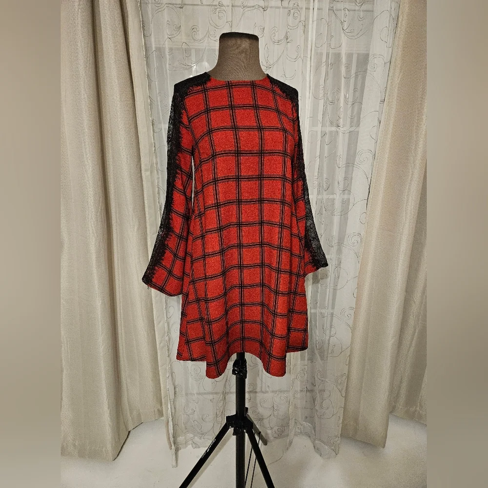 Gianni Bini Red Black Lace Plaid Whimsigoth Business Casual Midi Dress XS - Picture 15 of 16